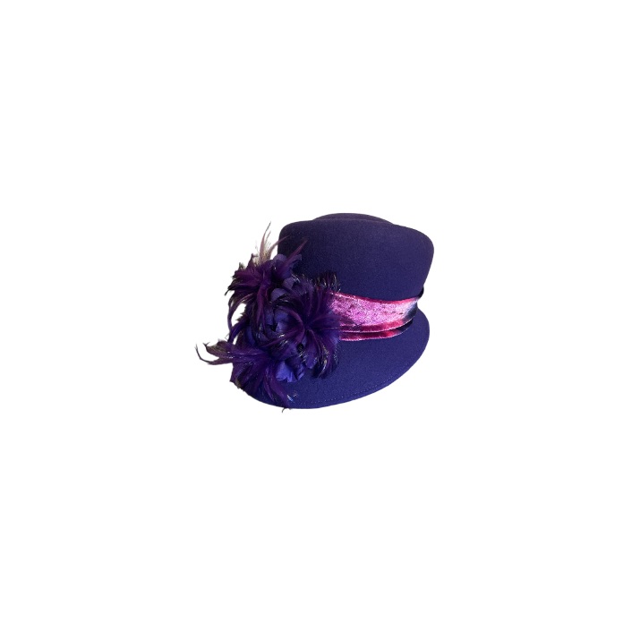 Miss Celina’s Purple Wool Hat With Velvet Band And Decorative Feathers